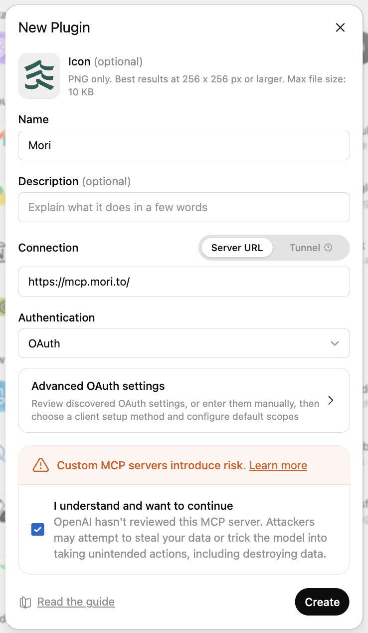 ChatGPT New Plugin dialog with the Mori icon, Mori, the Mori MCP URL, and OAuth selected
