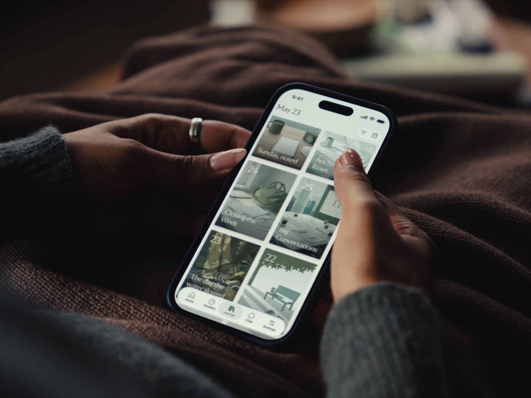 Browsing Mori app journals on a phone